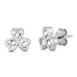 .925 Sterling Silver Clear CZ Hearts Stud Earrings